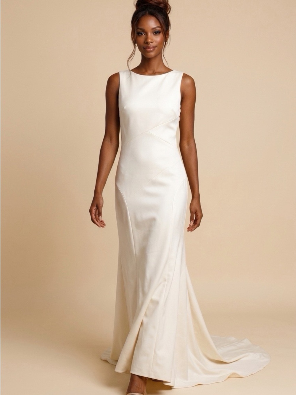 Sleek Cream Satin Boatneck Bridal Gown and Gown jacket.